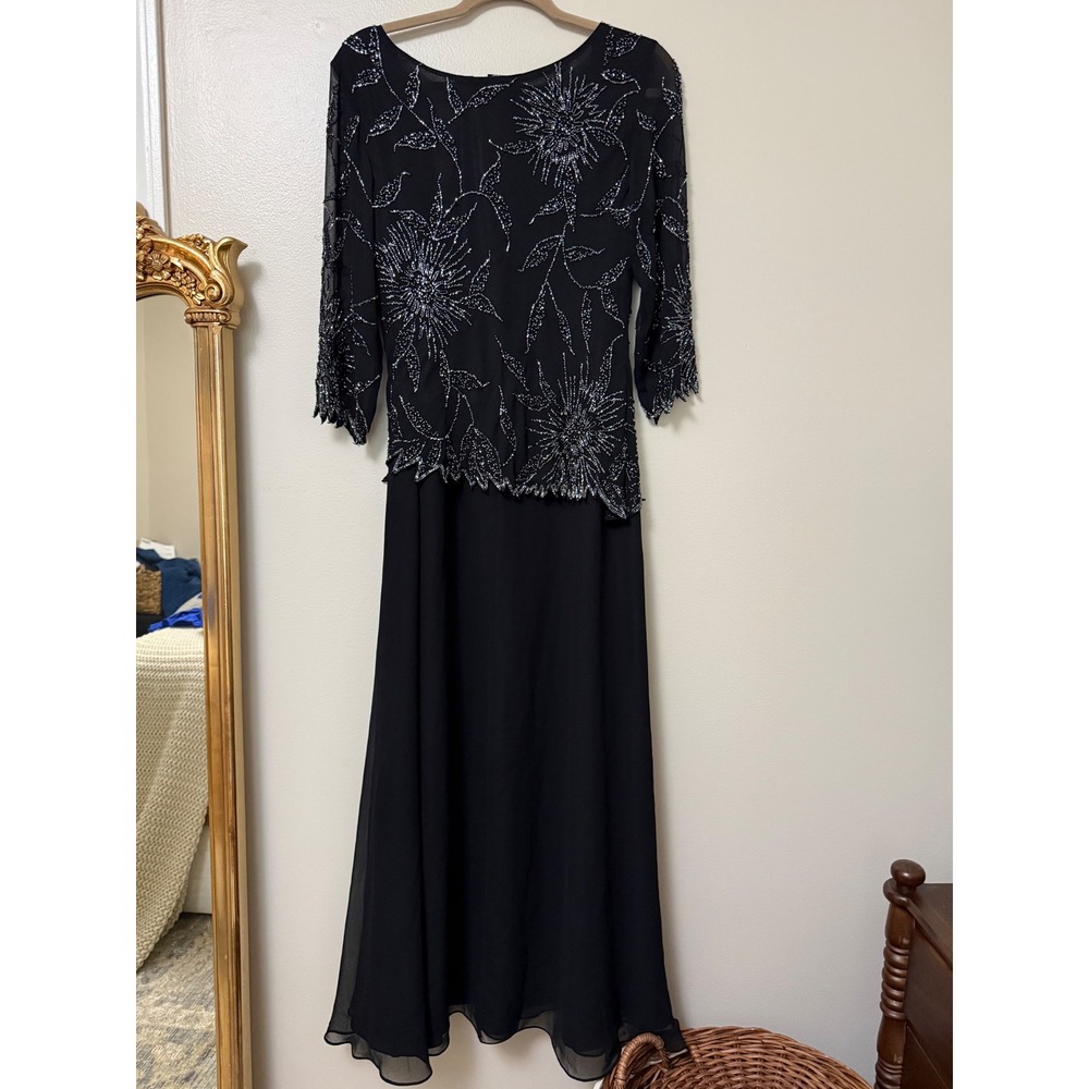 J Kara Black Beaded Floral Chiffon Gown 3/4 Sleeve Formal Evening Dress 8P NWT - Picture 5 of 13